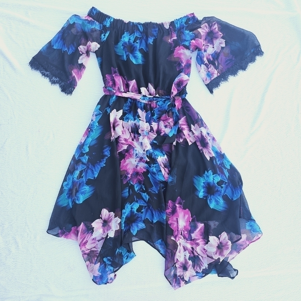 Jennifer Lopez Black Pink and Blue Floral Off Shoulder Dress, Size XS